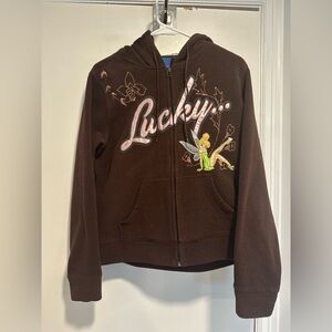 Disney Y2K Tinker Bell “Lucky” brown fleece zip-up hoodie Satin Embroidered Hood